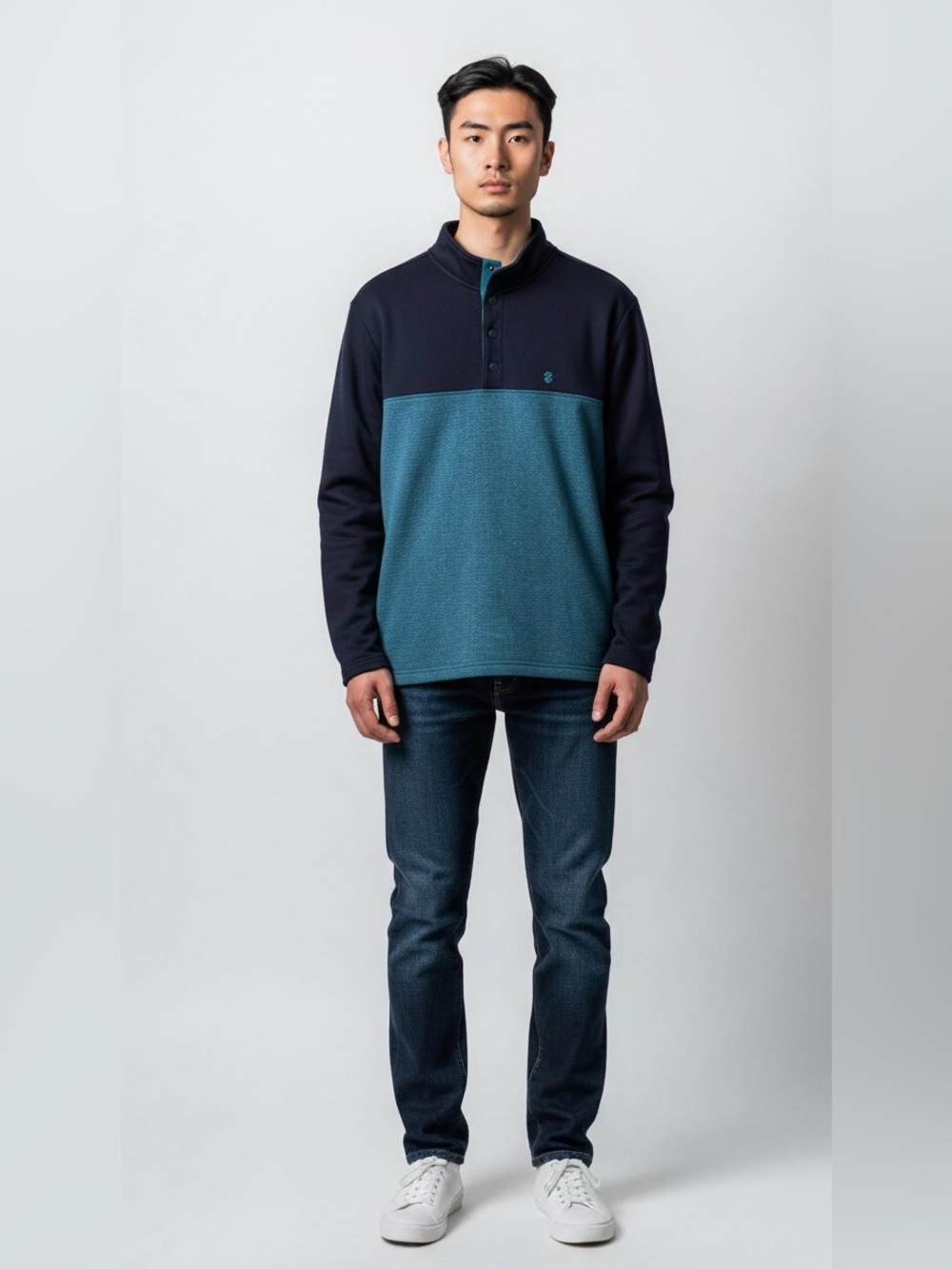 Izod Mens L NWT Colorblock Quarter Snap Fleece Mock Neck Pullover Teal Navy Blue